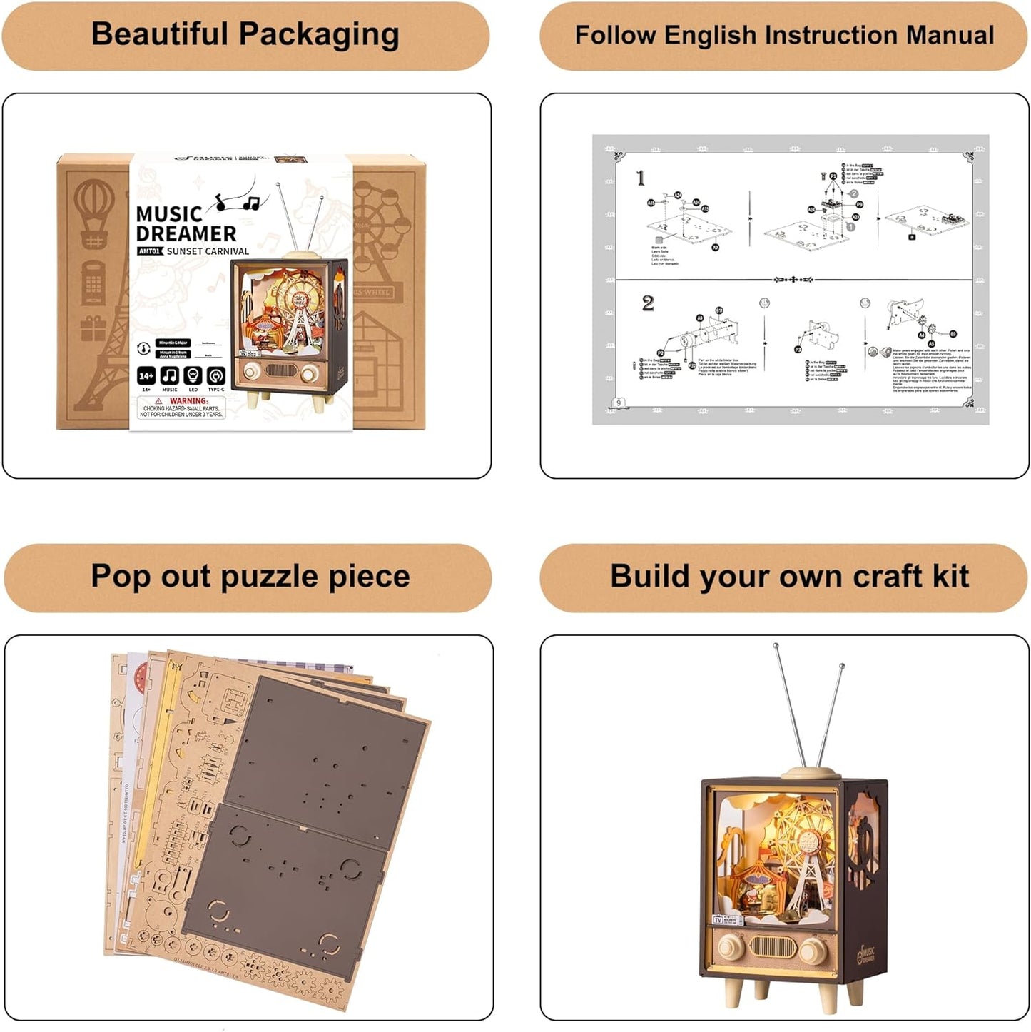 Robotime Rolife Sunset Carnival DIY Music Box KitBook Nook Kit Australia