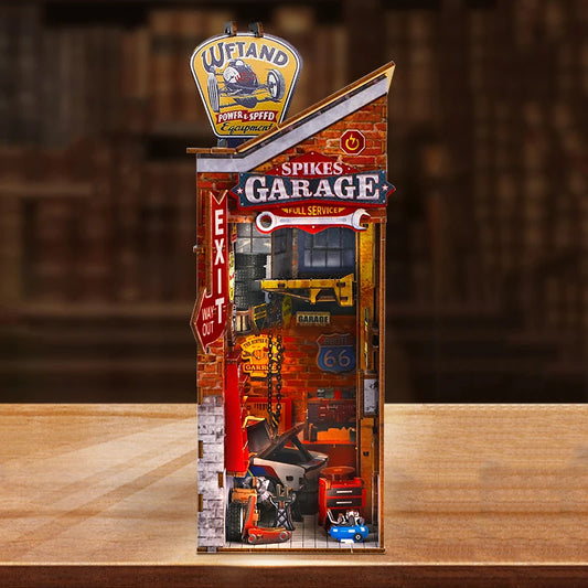 Mechanic Garage Book Nook – Retro DIY Car Repair Miniature Kit with LED Lights