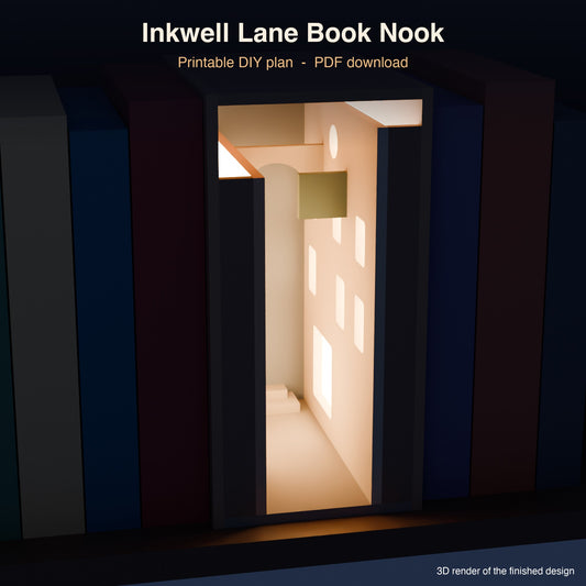 Inkwell Lane book nook lit at night between books on a shelf (3D render)
