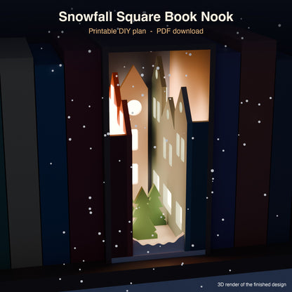 Snowfall Square book nook lit at night between books on a shelf (3D render)