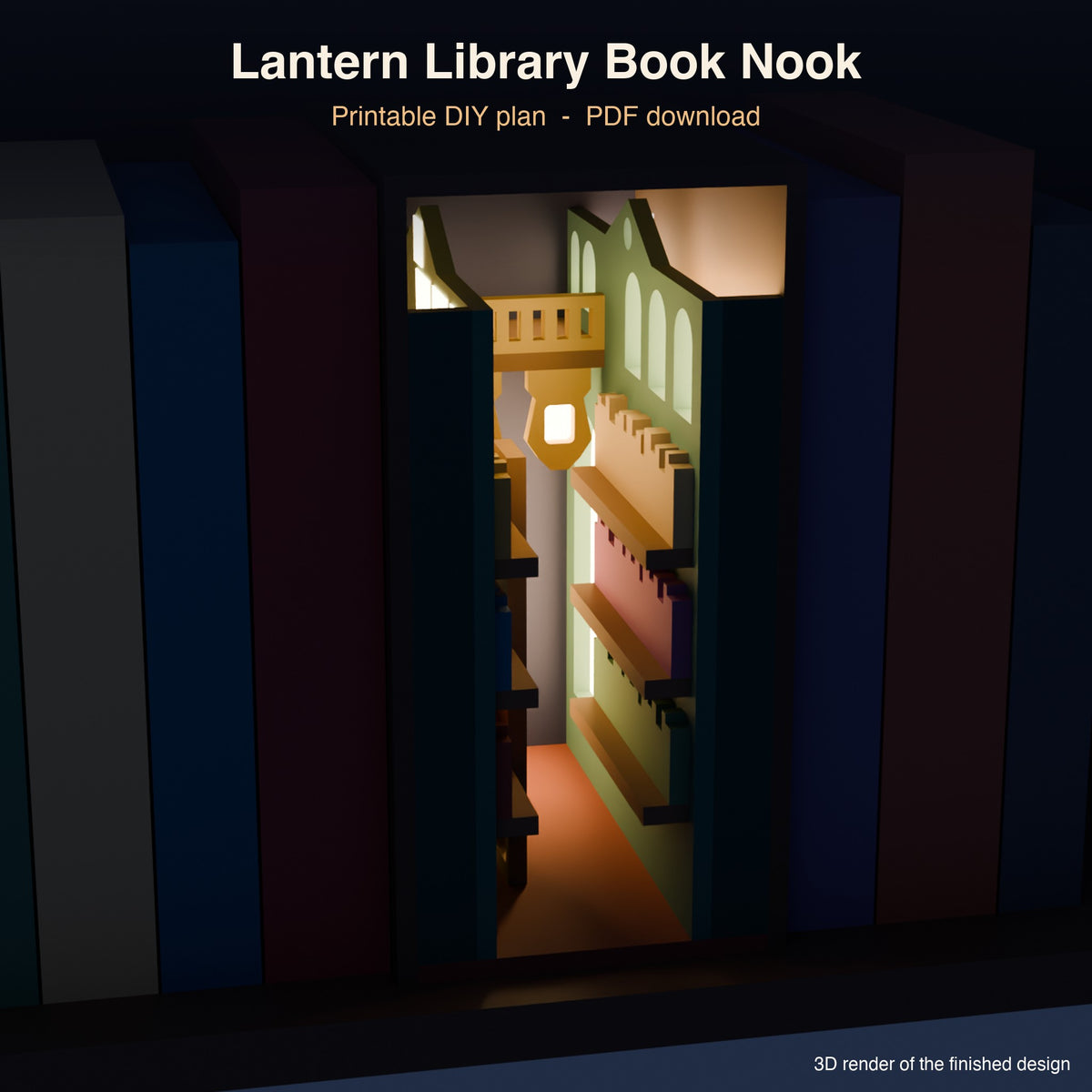 Lantern Library book nook lit at night between books on a shelf (3D render)
