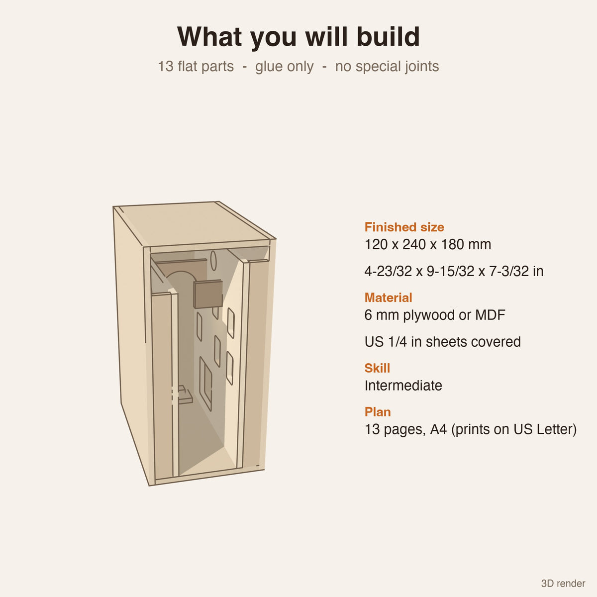 Inkwell Lane book nook finished size and materials (3D render)