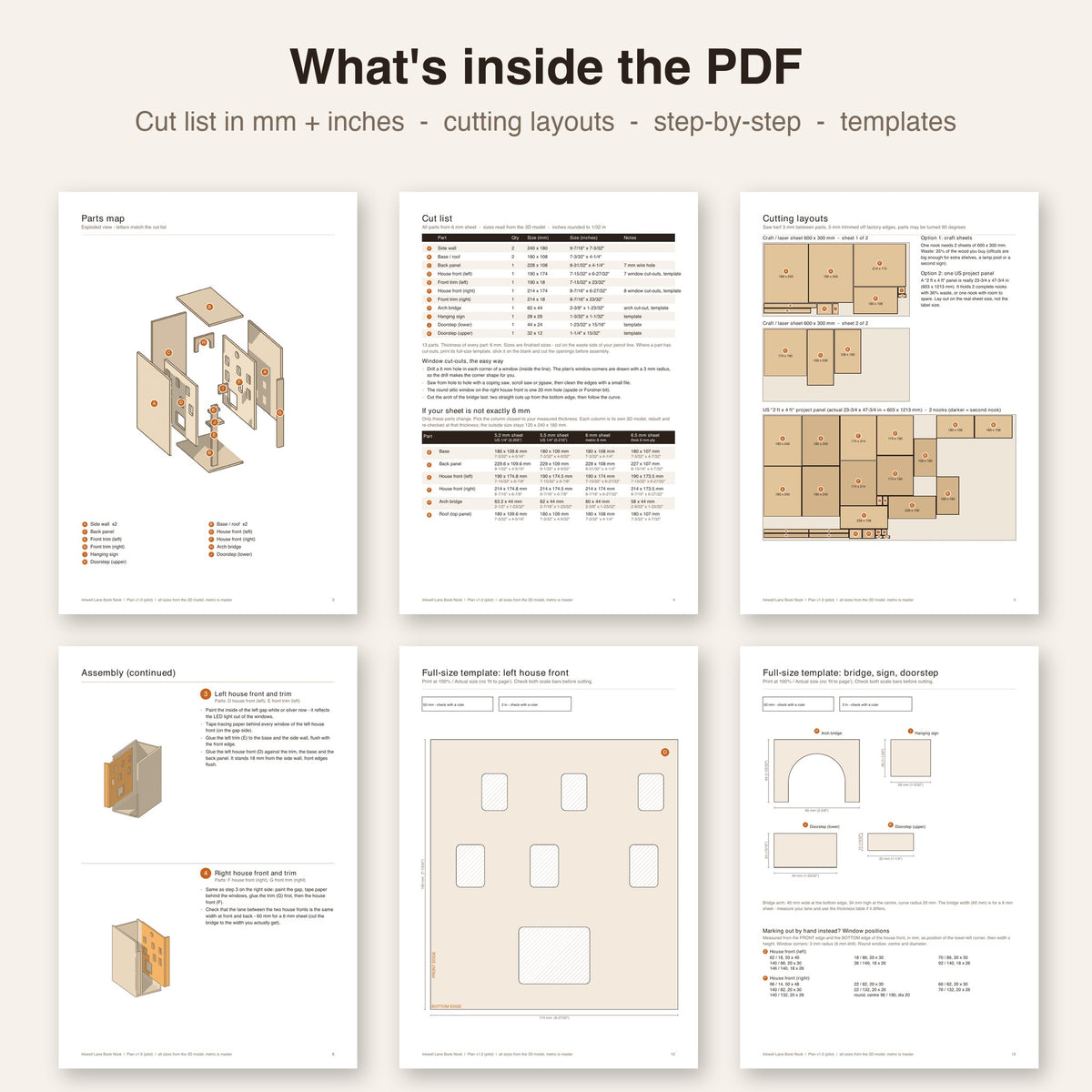 Pages from the Inkwell Lane book nook PDF plan