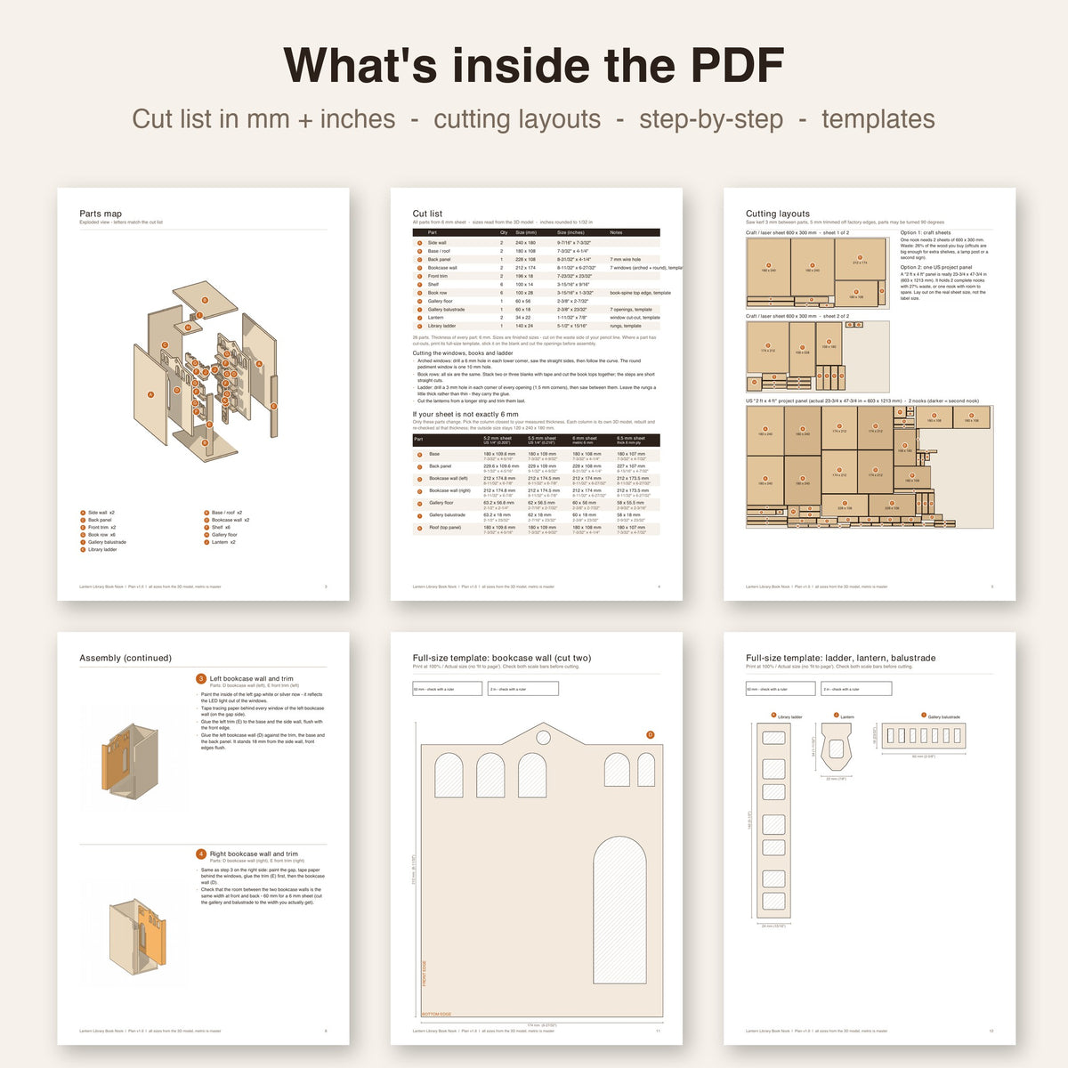 Pages from the Lantern Library book nook PDF plan