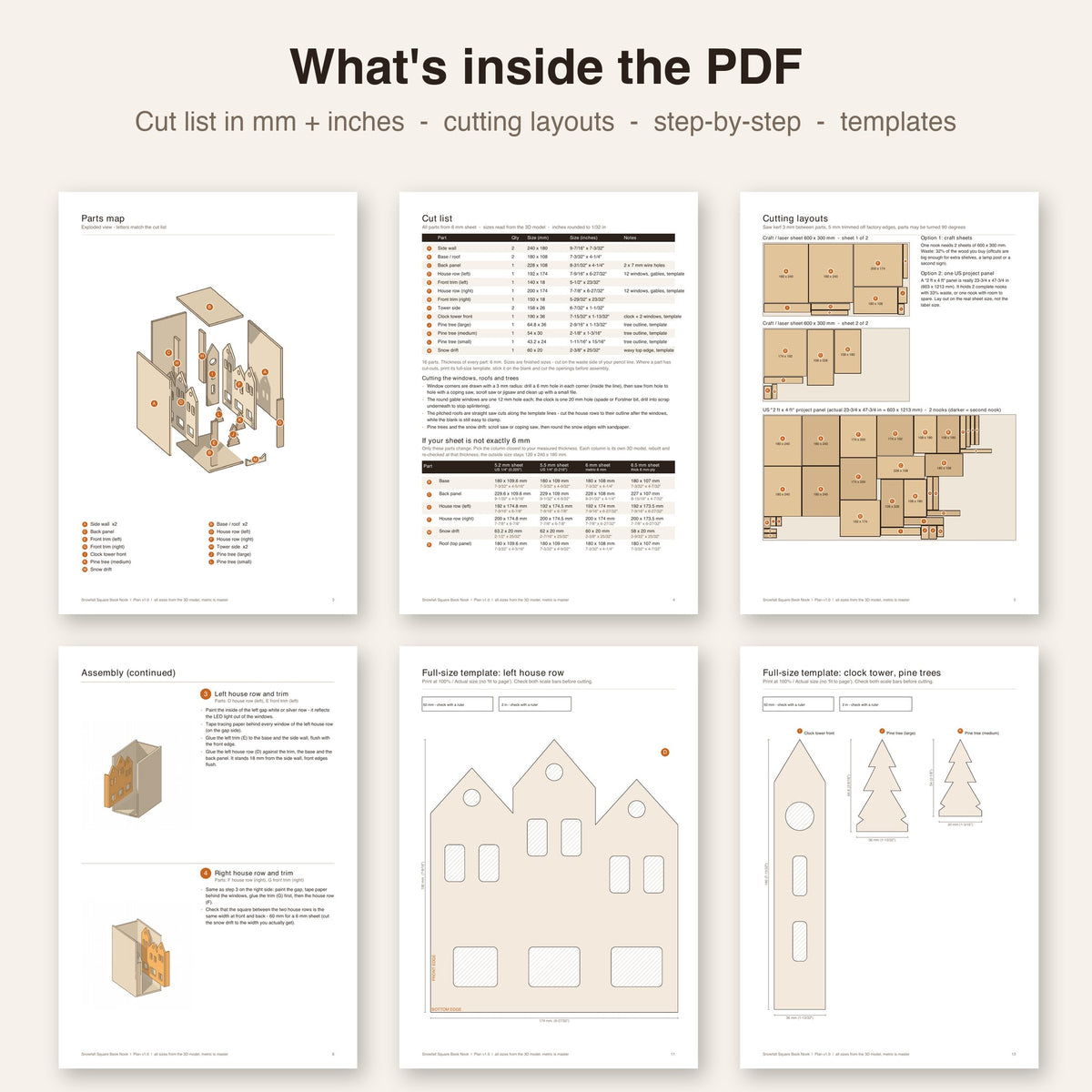 Pages from the Snowfall Square book nook PDF plan