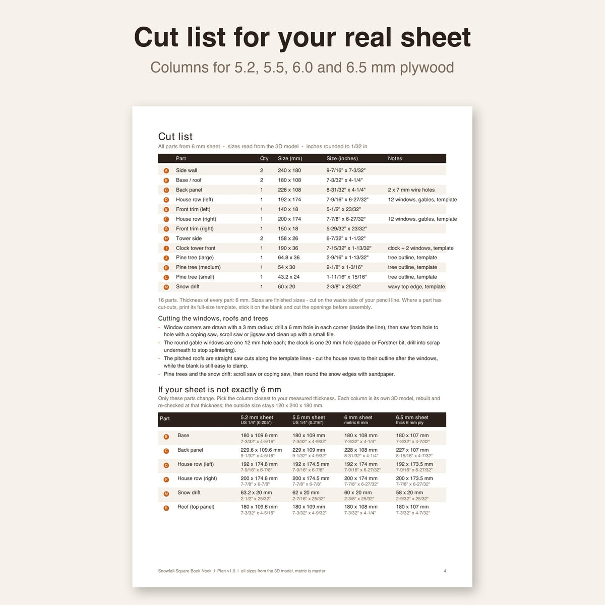 Cut list page with sizes in millimetres and inches
