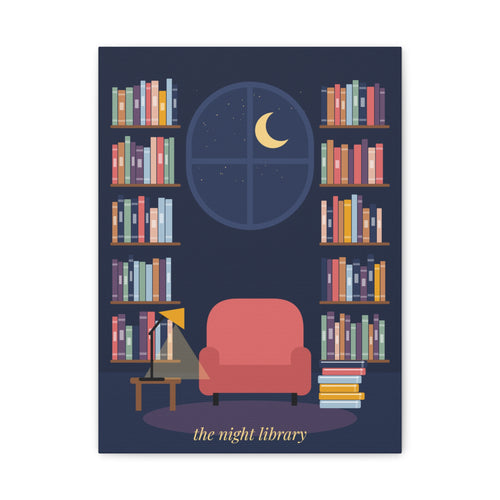 The Night Library Canvas Print | Cosy Reading Nook Wall Art