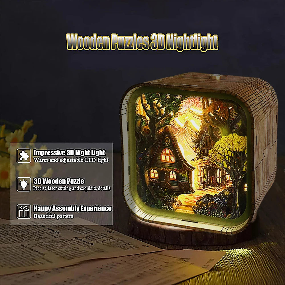 Fairy Tale Cottage Wooden 3D Night Light – DIY Kit for Magical Home Decor