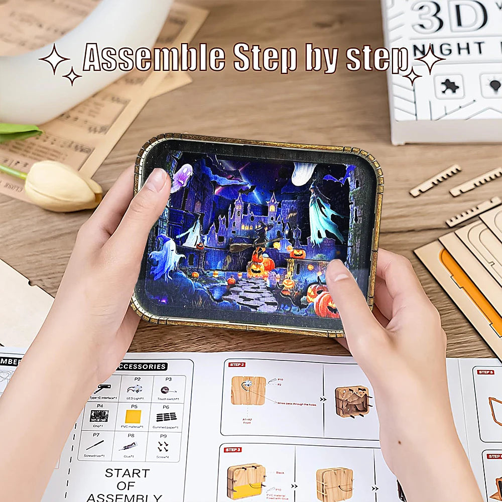 Haunted Castle 3D Wooden DIY Night Light Kit – Halloween Edition