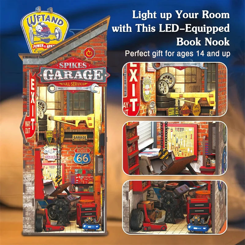 Mechanic Garage Book Nook – Retro DIY Car Repair Miniature Kit with LED Lights