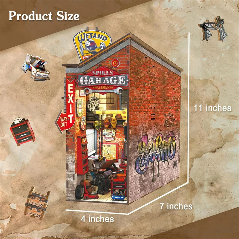 Mechanic Garage Book Nook – Retro DIY Car Repair Miniature Kit with LED Lights