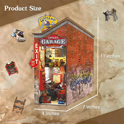 Mechanic Garage Book Nook – Retro DIY Car Repair Miniature Kit with LED Lights