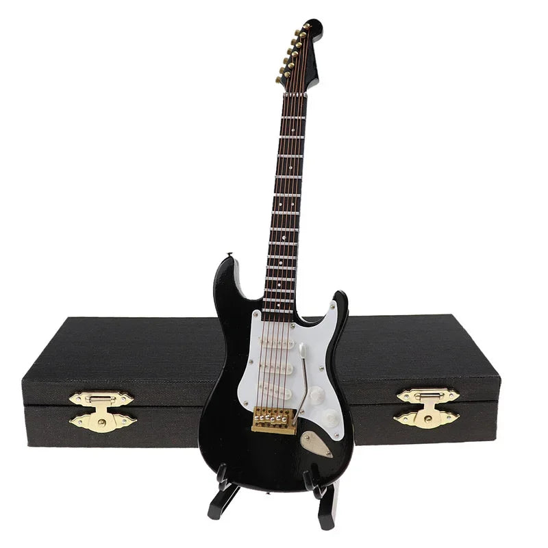 Miniature Electric Guitar Model with Stand and Case Black