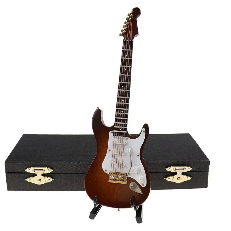 Miniature Electric Guitar Model with Stand and Case Coffee