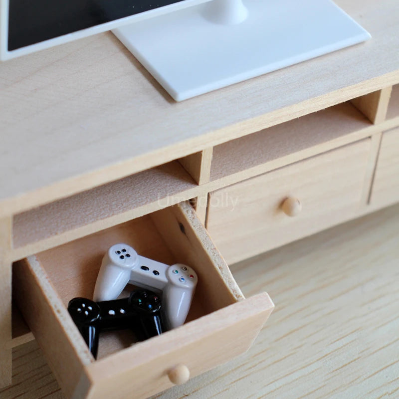 Miniature TV & Wood Bench Set | 1/6 Dollhouse Decor