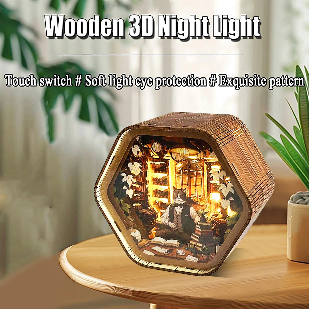 Professor Cat’s Library – DIY Wooden 3D Night Light Kit