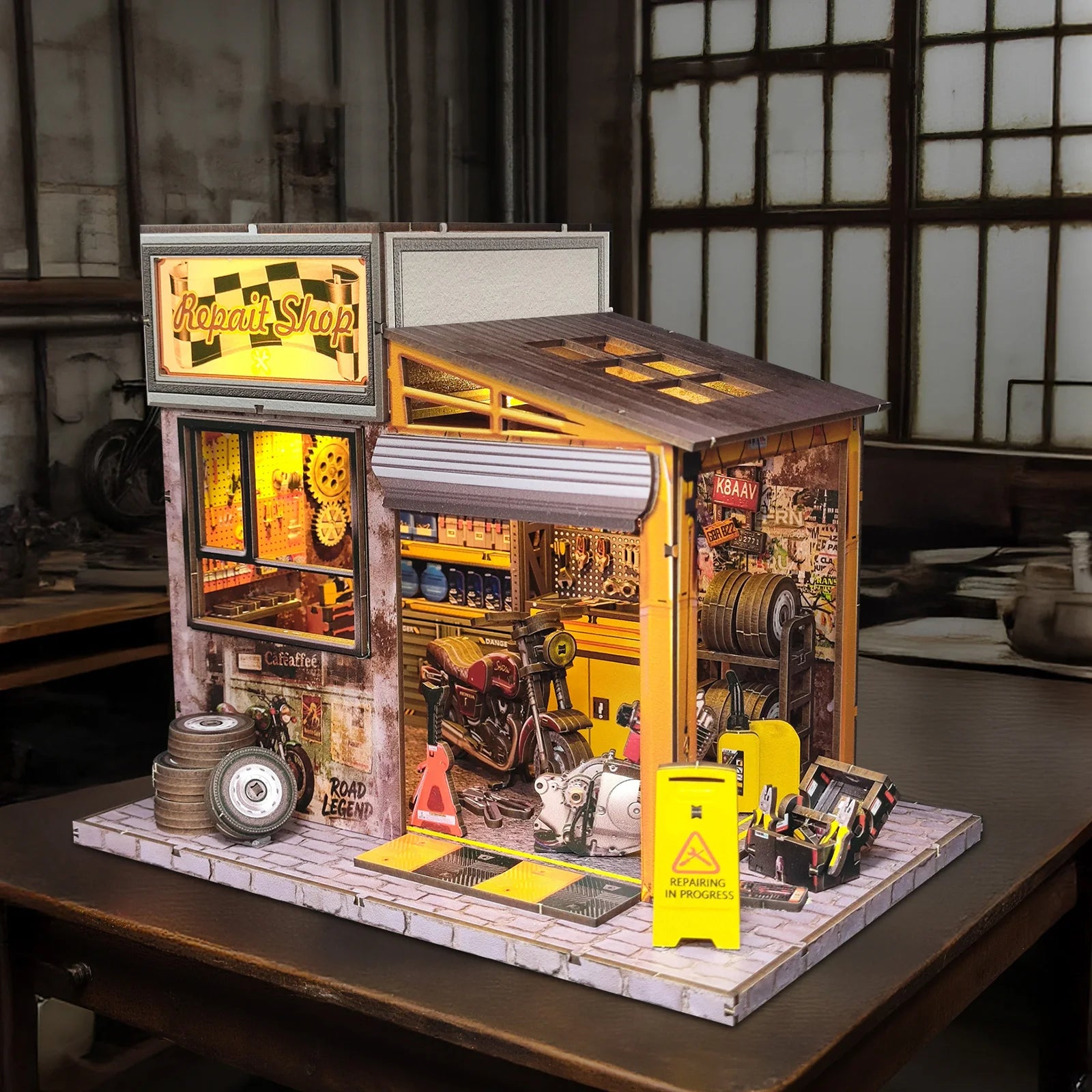 Motorcycle Repair Shop DIY Miniature House Kit - Detail