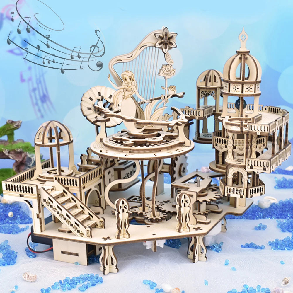 Newest 3D Wooden Puzzle Mystery Island Music Box with Light DIY Assembly Model Kit for Adults Kids, Valentine's Day Gifts - S