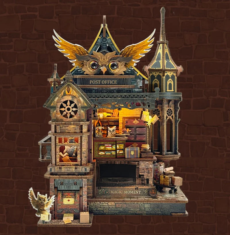 NEW DIY Wooden Miniature Model Kit Owl Post Office Casa 3D Puzzle Doll Houses With Furniture Lights for Friends Birthday Gift