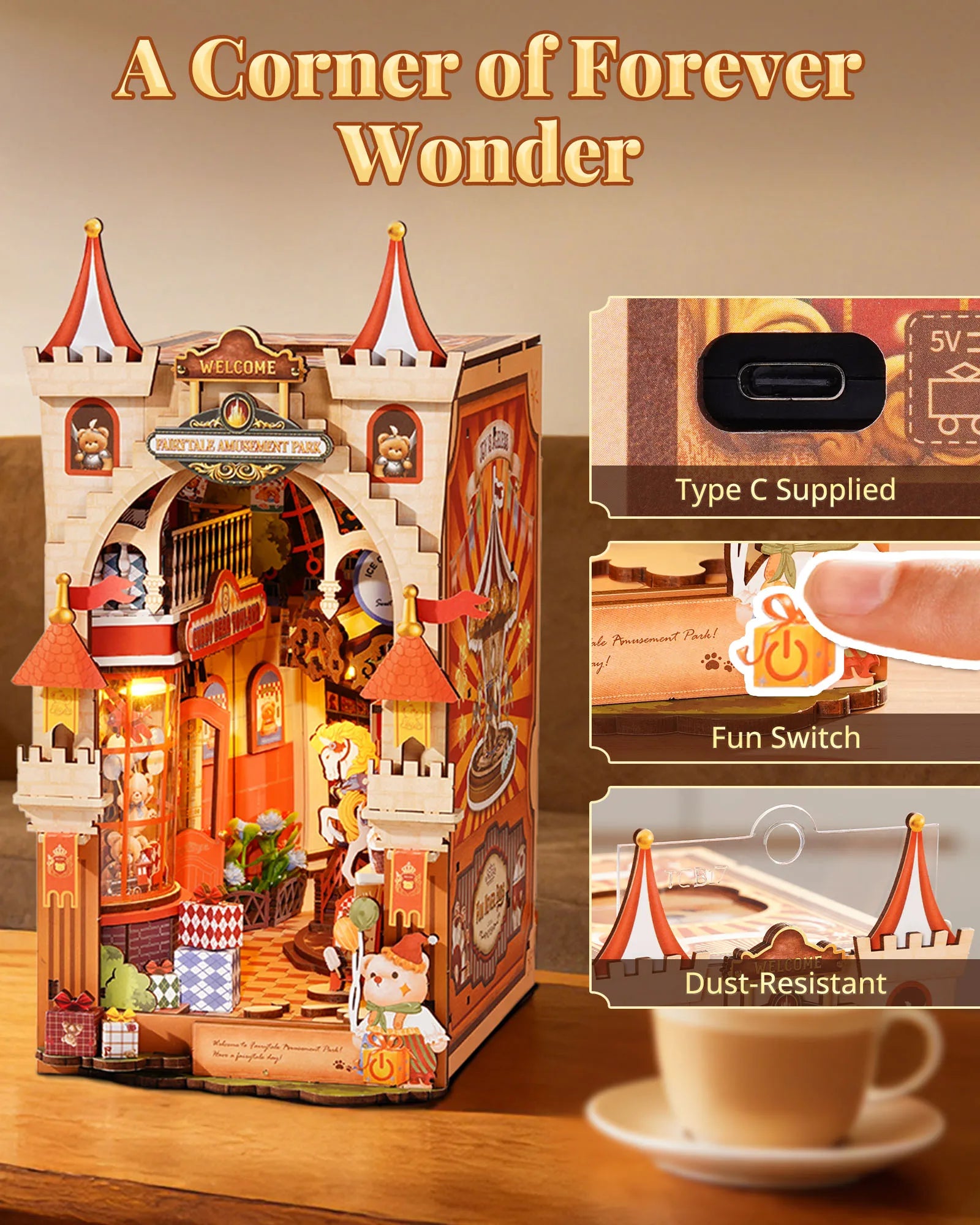 ROBOTIME Rolife Fairytale Amusement Park Book Nook 3D Wooden Puzzle with Carousel Romantic Handmade Gift for Him/Her - Image 