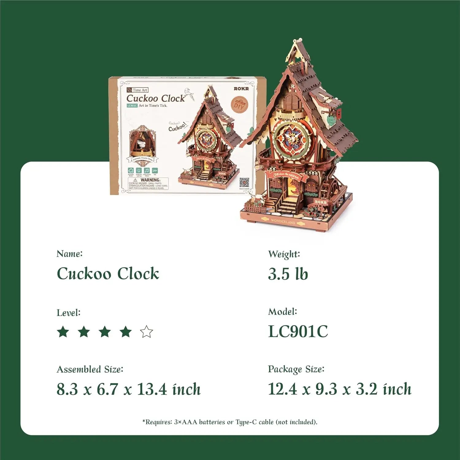 Robotime Rokr Black Forest Cuckoo Clock Kit – Working Bird & LED