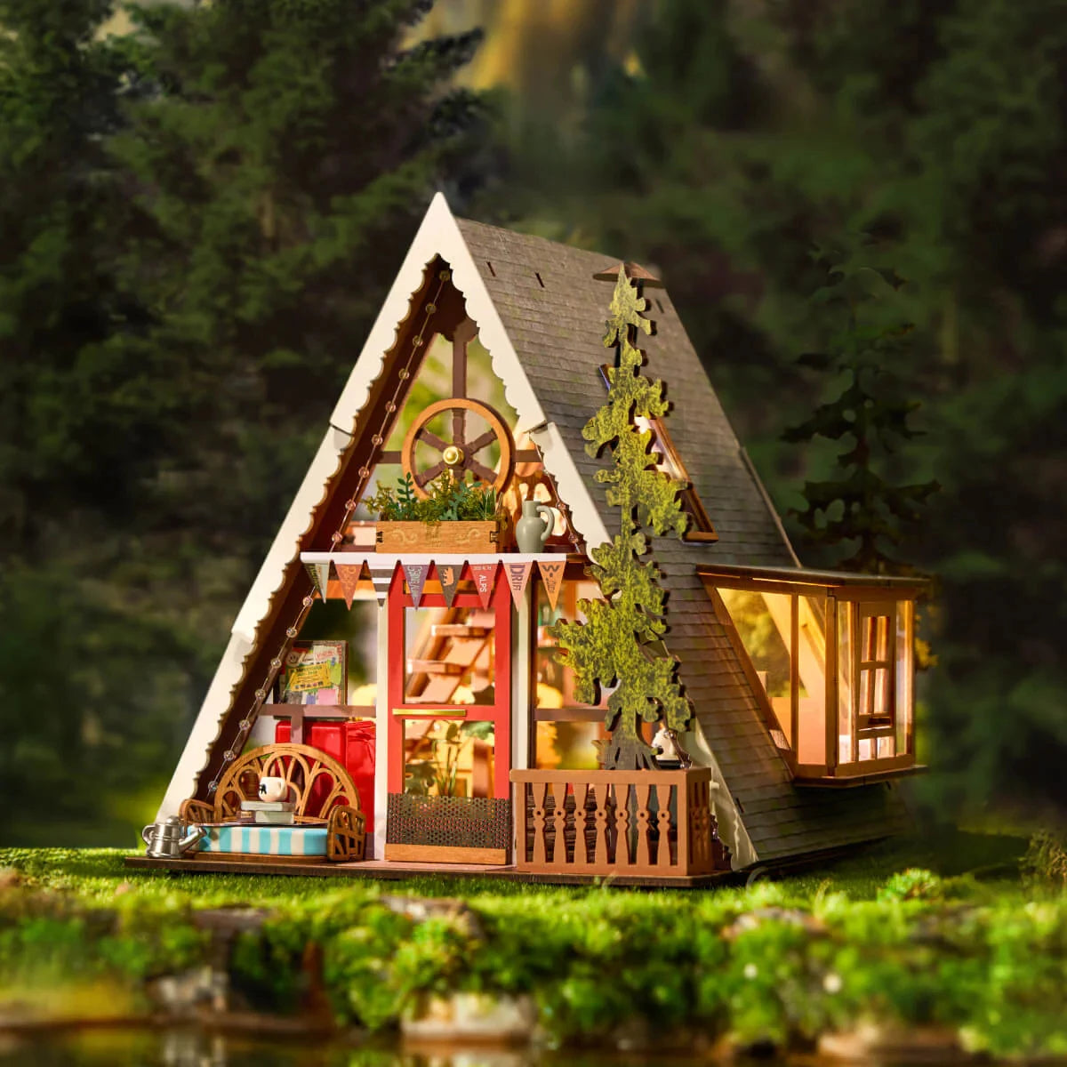 ROBOTIME Rolife A-Frame Cabin DIY Miniature House 3D Wooden Puzzle Therapeutic Home Decor Unique Birthday Gift for Adults - B