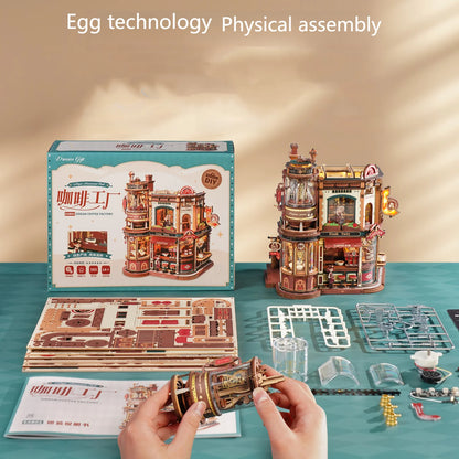 DIY Coffee Factory Model Kit - 3D Wooden Puzzle for Adults with LED Lights, Music & Figurines, Unique Birthday Gift Idea Book Nook Kit Australia