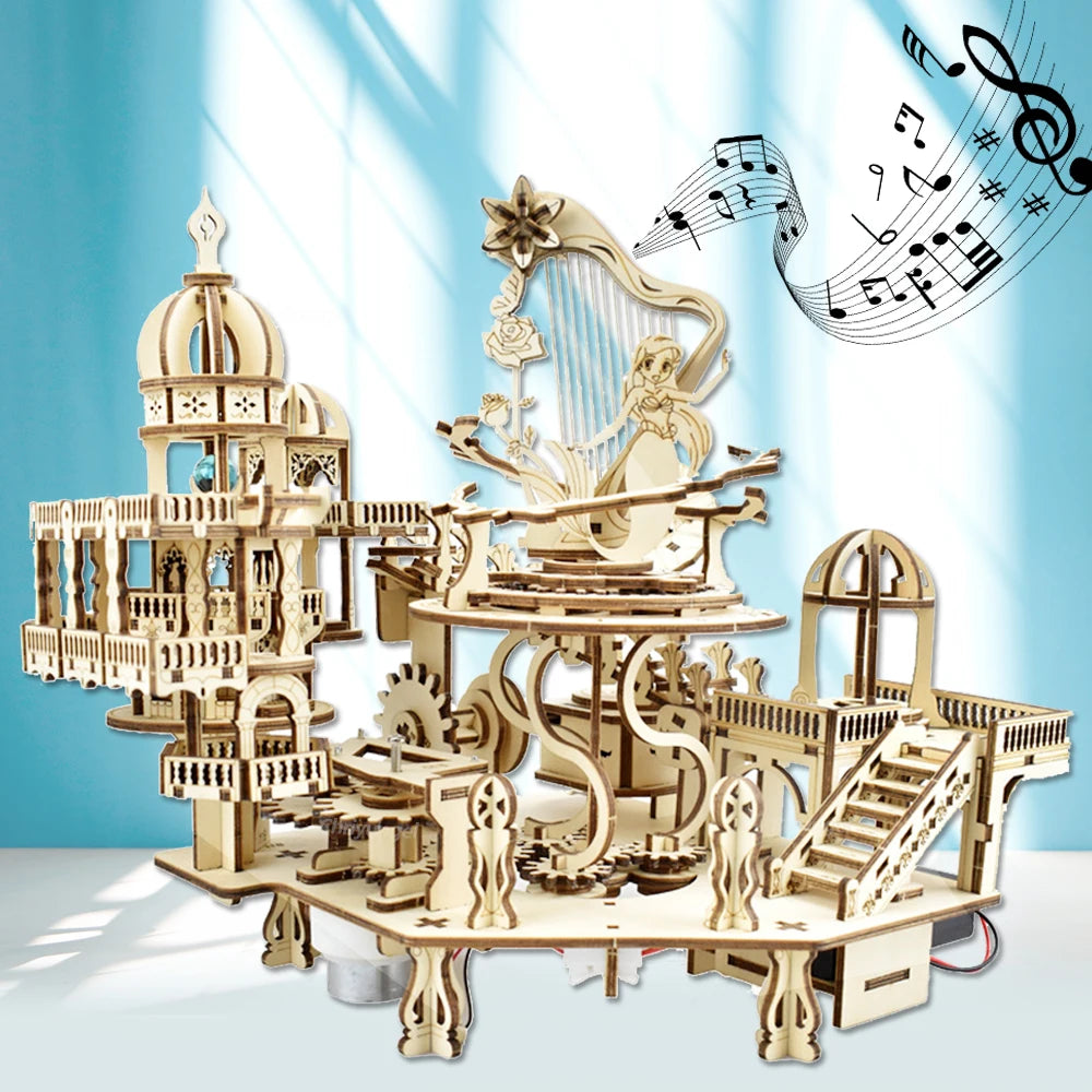 Newest 3D Wooden Puzzle Mystery Island Music Box with Light DIY Assembly Model Kit for Adults Kids, Valentine's Day Gifts - B