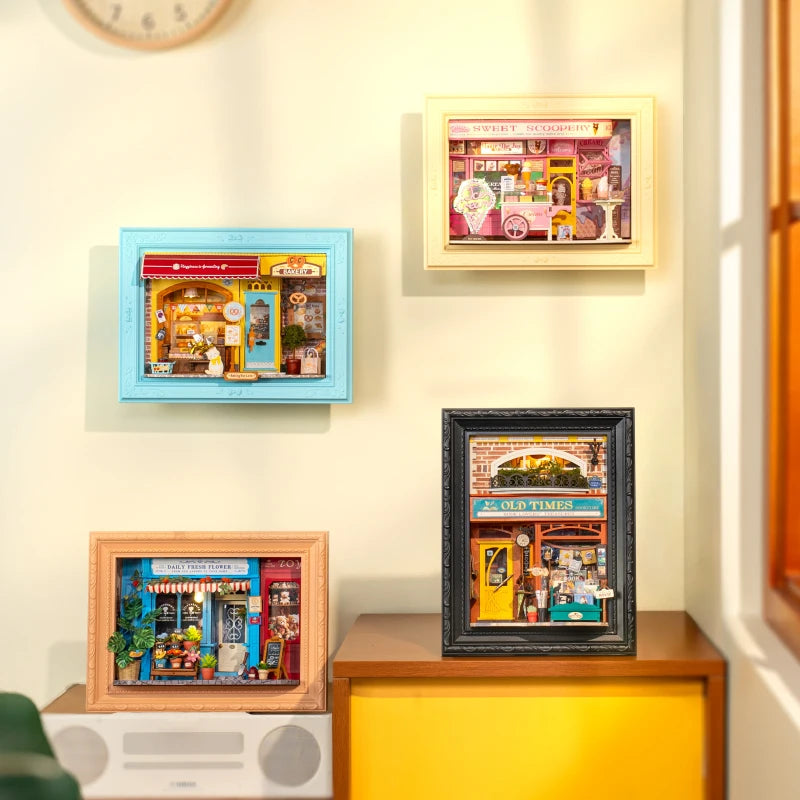 ROBOTIME Rolife 3D Shadow Box LED Light Up Wooden Puzzle with Frame Cute Home Decor Beginner Friendly DIY Kit for Teens - Det