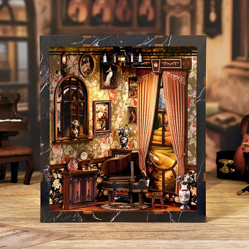 NEW DIY Wooden European Melody Box Book Nook Shelf Insert Kits Miniature Model Kit Four Side Bookend for Friends Birthday Gif