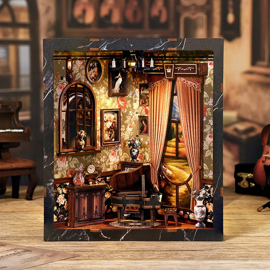 NEW DIY Wooden European Melody Box Book Nook Shelf Insert Kits Miniature Model Kit Four Side Bookend for Friends Birthday Gif