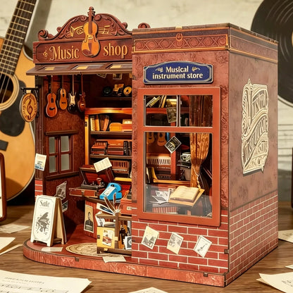 Vintage Musical Instrument Store DIY book nook kit with violins and warm lighting - view 4