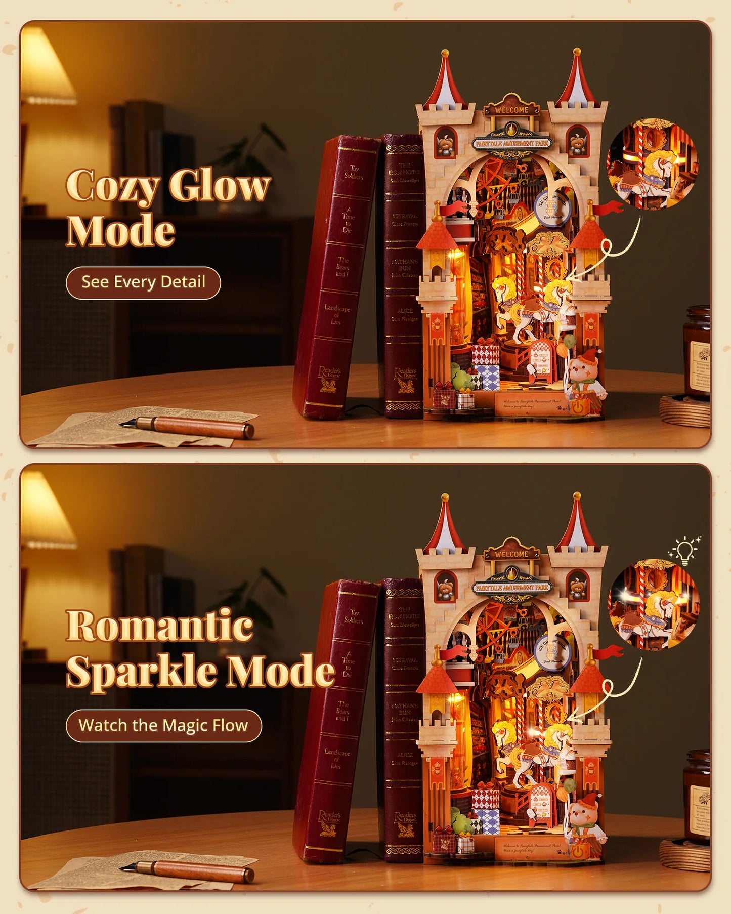 ROBOTIME Rolife Fairytale Amusement Park Book Nook 3D Wooden Puzzle with Carousel Romantic Handmade Gift for Him/Her - Image 