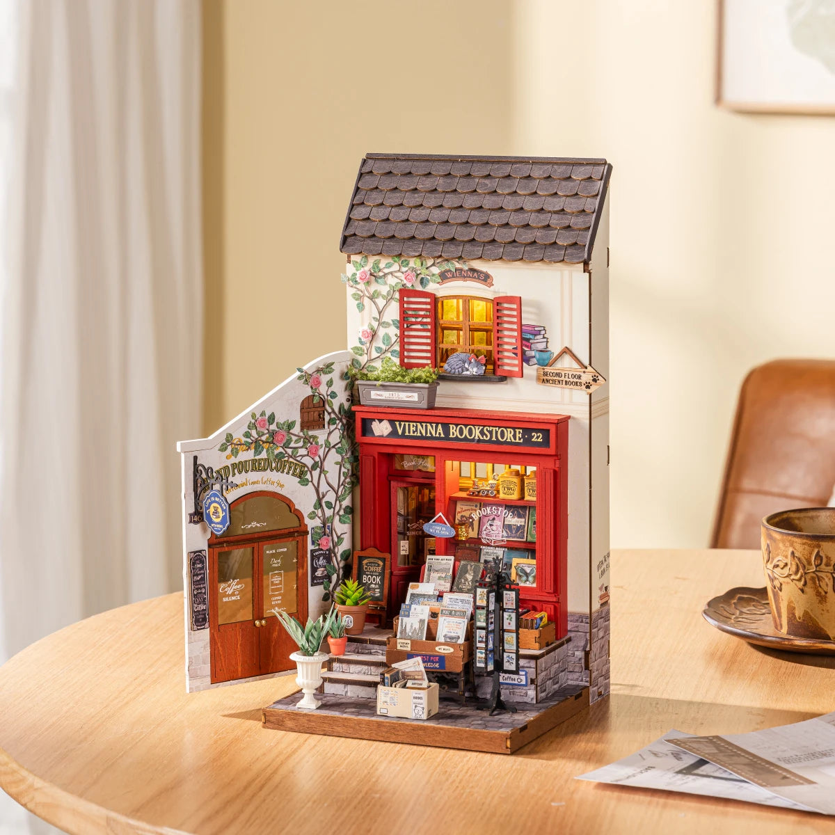 ROBOTIME Rolife Vienna Bookstore DIY Kit Foldable 2 Story European Miniature Model for Diorama Shelf Display for Adults Teens
