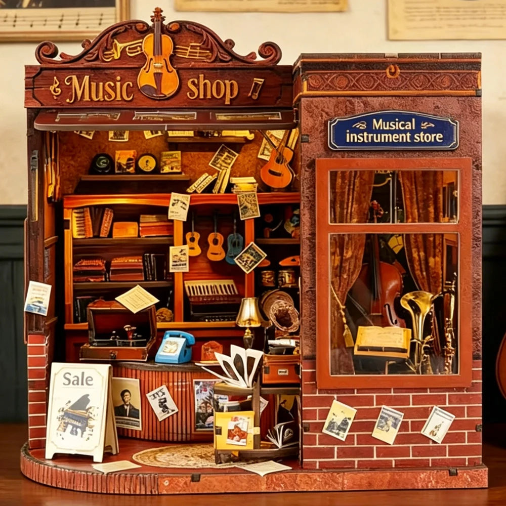 Vintage Musical Instrument Store DIY book nook kit with violins and warm lighting - view 2