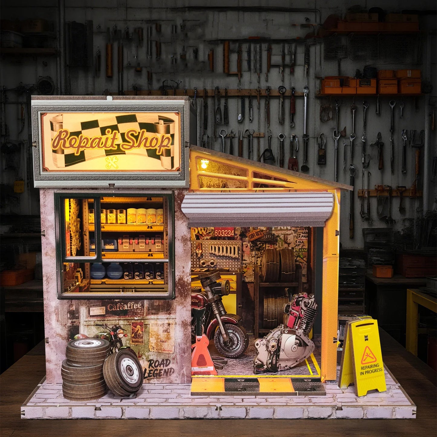 Motorcycle Repair Shop DIY Miniature House Kit - Side View
