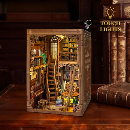 Myriad Books House DIY book nook kit displayed between books on a shelf - view 3