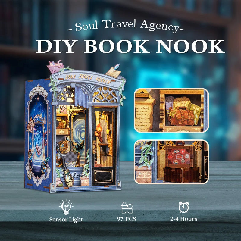 CUTEBEE Book Nook Kit Miniature House Kit Wooden Dollhouse with Led Light Bookshelf Insert Soul Travel Agency for Home Decor Book Nook Kit Australia