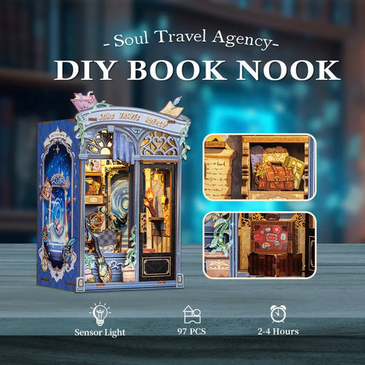 CUTEBEE Book Nook Kit Miniature House Kit Wooden Dollhouse with Led Light Bookshelf Insert Soul Travel Agency for Home Decor Book Nook Kit Australia