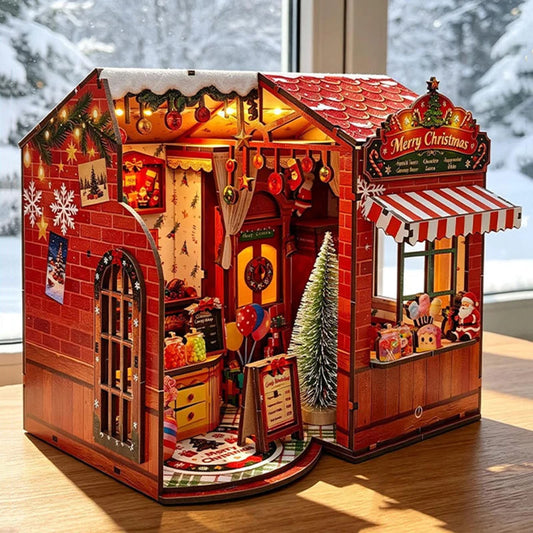 Christmas Candy House DIY miniature dollhouse kit with festive candy shop