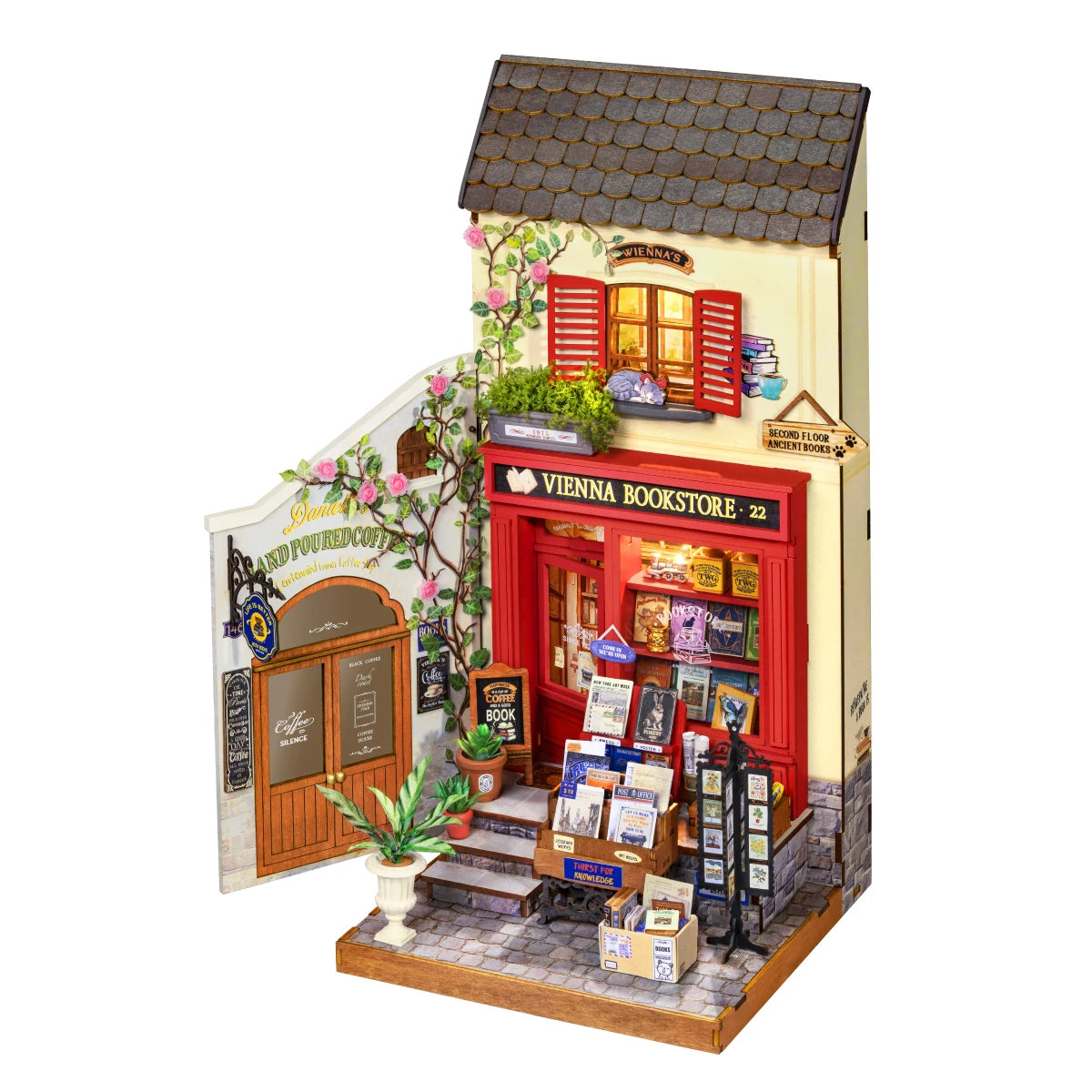 ROBOTIME Rolife Vienna Bookstore DIY Kit Foldable 2 Story European Miniature Model for Diorama Shelf Display for Adults Teens