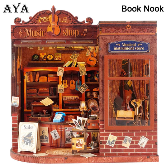Vintage Musical Instrument Store DIY book nook kit with violins and warm lighting