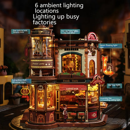 DIY Coffee Factory Model Kit - 3D Wooden Puzzle for Adults with LED Lights, Music & Figurines, Unique Birthday Gift Idea Book Nook Kit Australia
