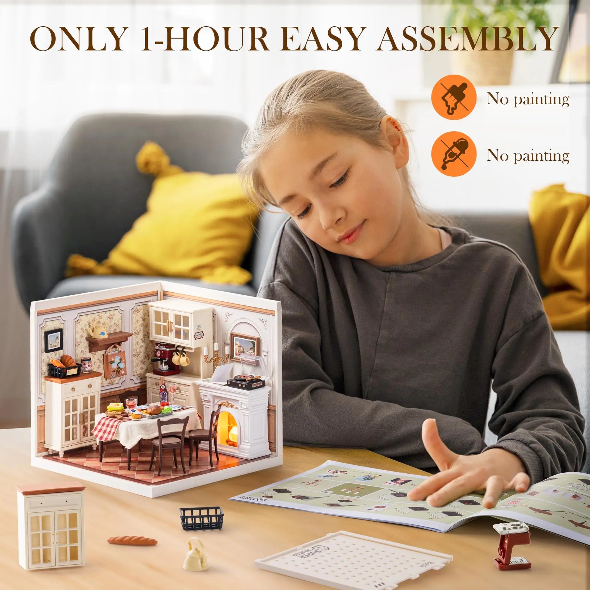 ROBOTIME DIY Miniature House Kit - Warm Dining Room, Creative Collectible Model for Home Decor unique Gift for Adults & Kids 