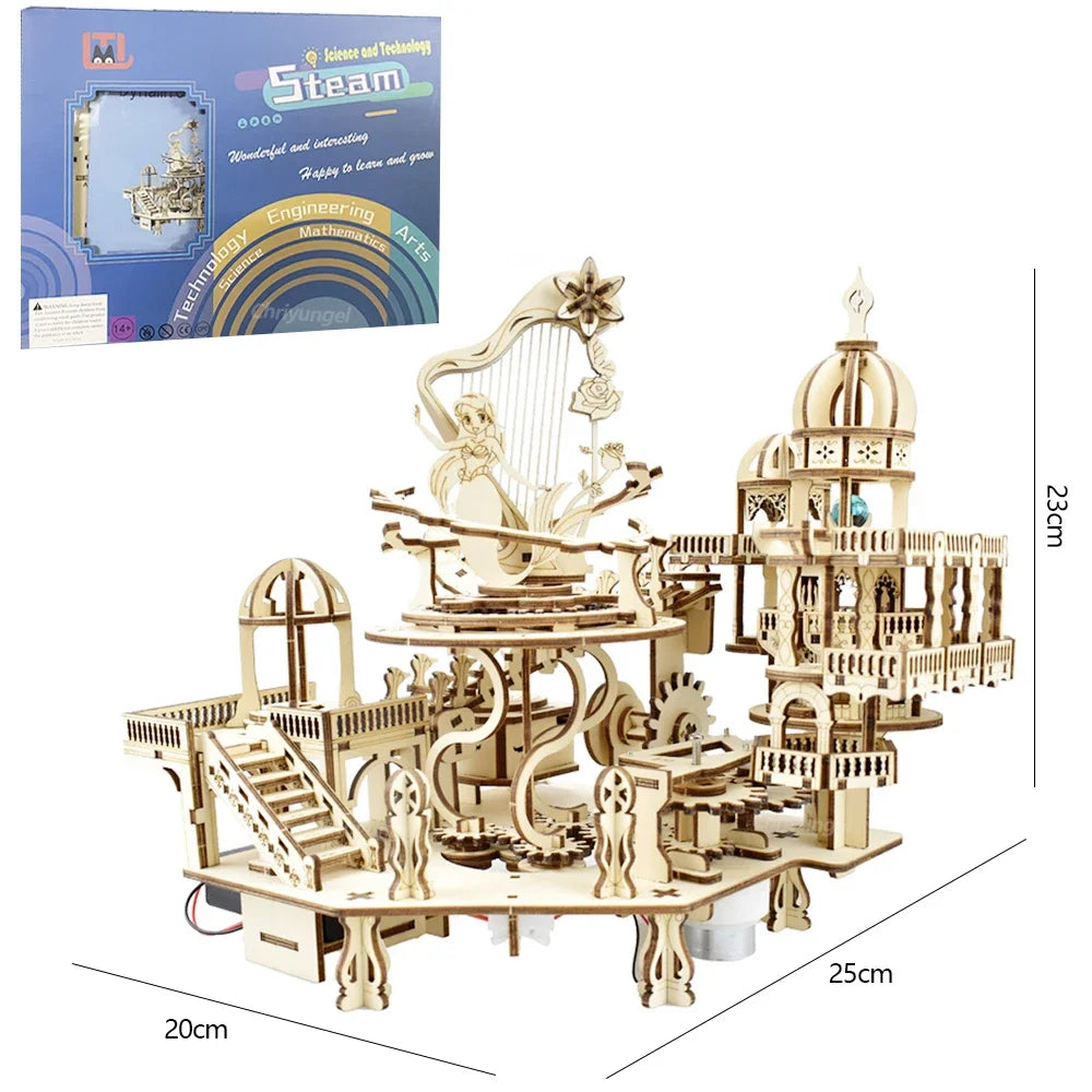 Newest 3D Wooden Puzzle Mystery Island Music Box with Light DIY Assembly Model Kit for Adults Kids, Valentine's Day Gifts - I