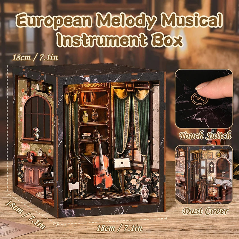 NEW DIY Wooden European Melody Box Book Nook Shelf Insert Kits Miniature Model Kit Four Side Bookend for Friends Birthday Gif