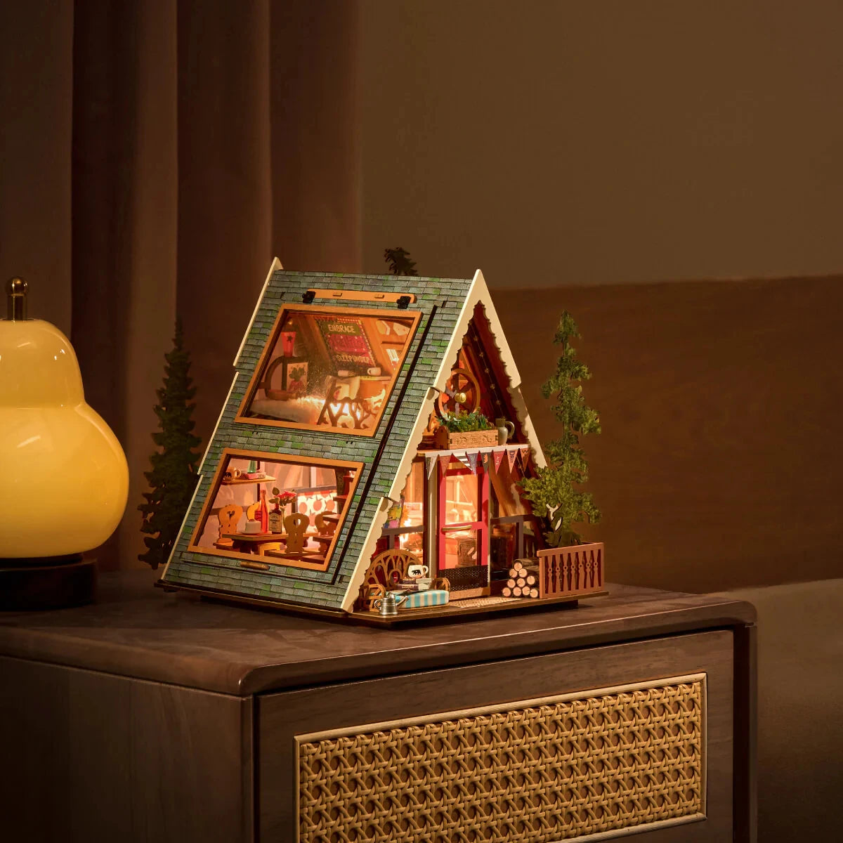 ROBOTIME Rolife A-Frame Cabin DIY Miniature House 3D Wooden Puzzle Therapeutic Home Decor Unique Birthday Gift for Adults - D