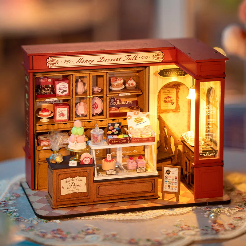 Robotime Rolife Honey Dessert Talk Miniature Dollhouse Wooden House Toy Set for Girls Beautiful Home Decor 3D Puzzle Kit - De