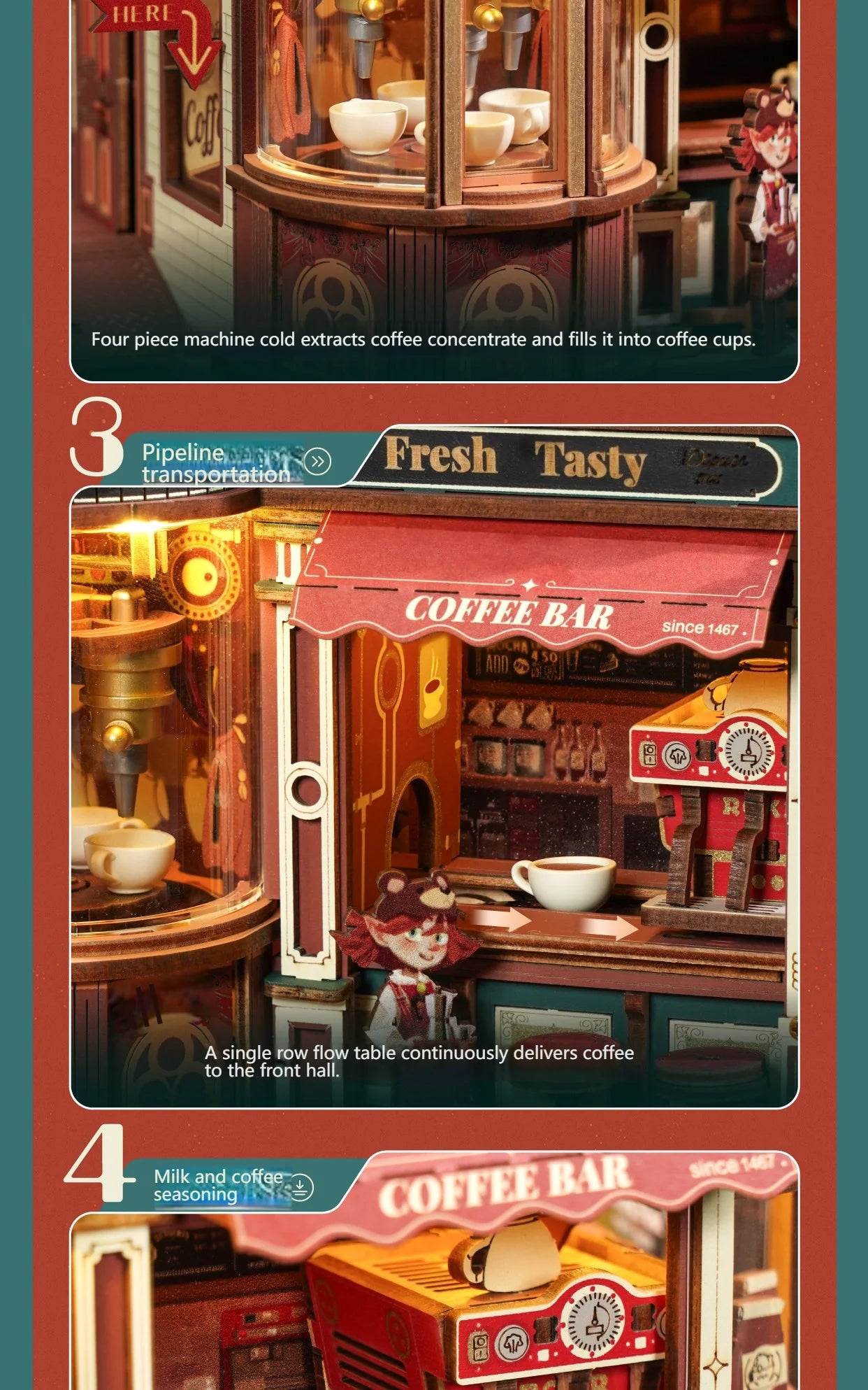 DIY Coffee Factory Model Kit - 3D Wooden Puzzle for Adults with LED Lights, Music & Figurines, Unique Birthday Gift Idea Book Nook Kit Australia