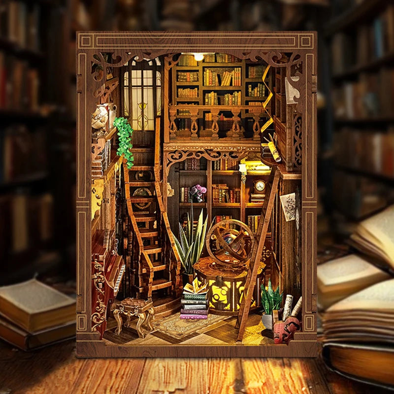 Myriad Books House DIY book nook kit displayed between books on a shelf - view 2
